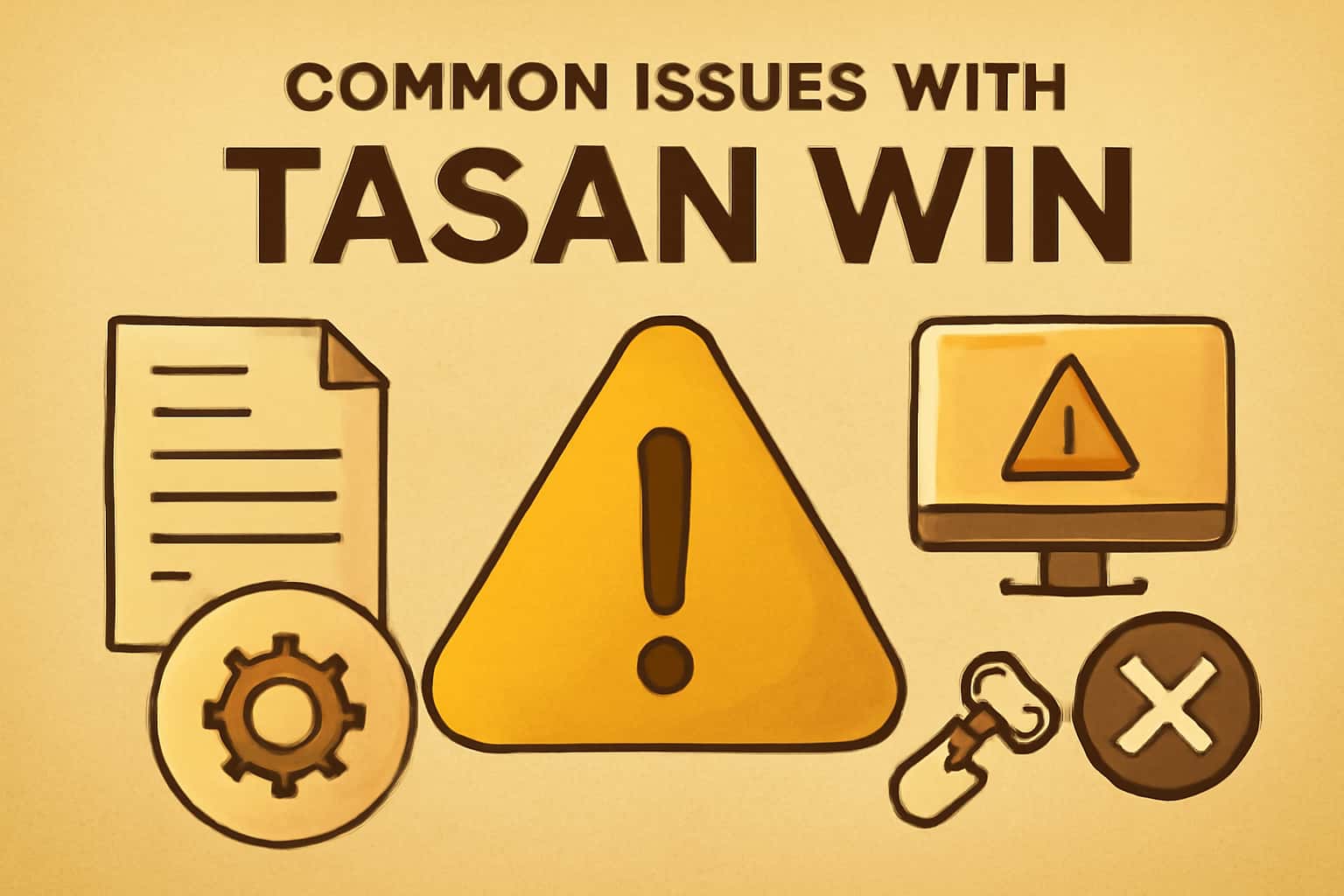 An informational scene illustrating common issues with Tasan Win, featuring the app's name.
