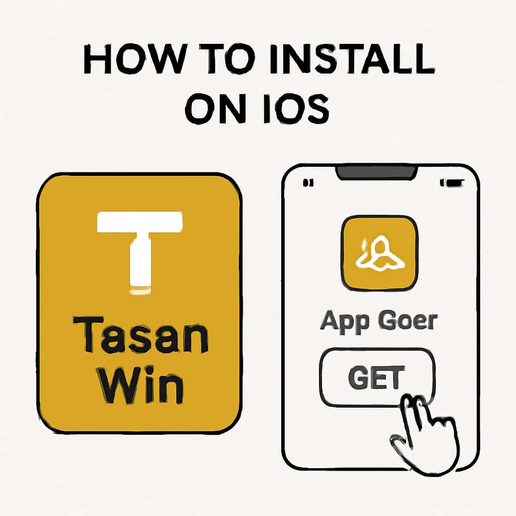 An educational illustration of the Tasan Win installation steps for iOS.